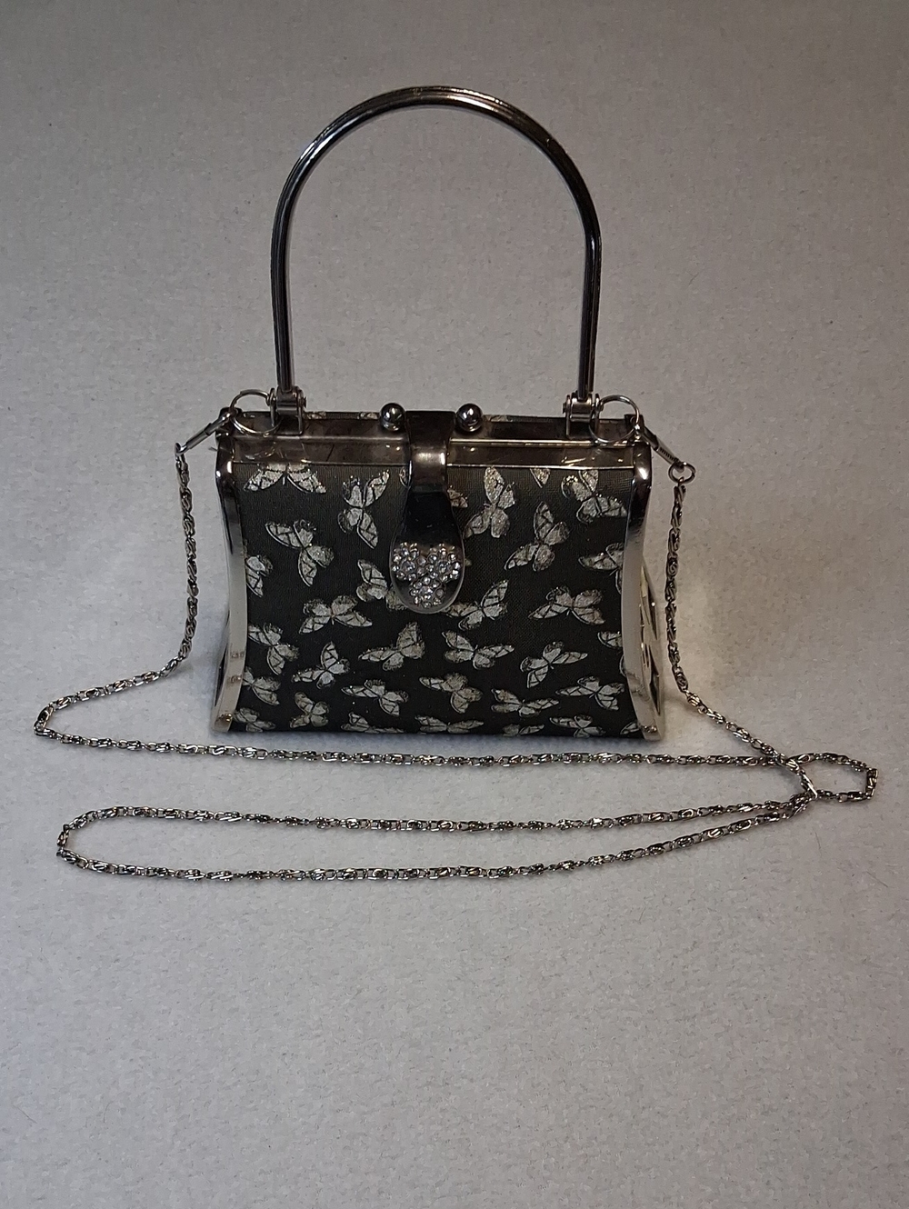 Vintage Black Butterfly Accent Evening Bag with Silver Hardware
